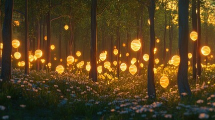 Glowing orbs in enchanted forest at dusk magical fantasy nature scene