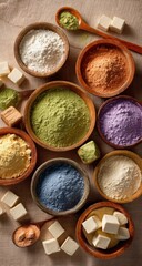 Assortment of colorful powders and tofu cubes arranged on a beige linen surface, viewed from overhead.  The vibrant hues and textures create a visually appealing culinary scene. : Generative AI