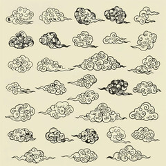 A collection of 30 swirling, stylized cloud illustrations, depicted in a decorative, vintage style. The clouds are drawn with intricate lines and detailed patterns.