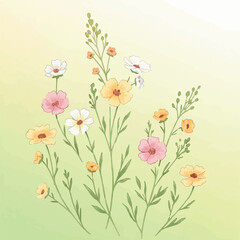 A delicate floral illustration with pink, yellow, and white wildflowers on slender green stems. The background features a soft gradient of yellow and green.
