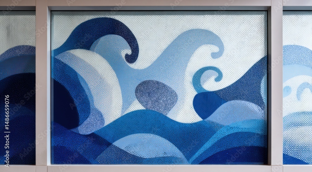 Leinwandbilder Abstract Blue Wave Pattern on Glass Panel: Modern Decorative Window Design Featuring Stylized Ocean Waves in Shades of Blue and White, Created with a Pointillist Technique. : Generative AI
