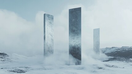 Three monoliths stand in a snowy landscape with a cloudy sky.