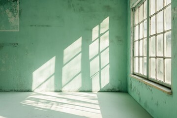 Empty room, mint walls, sunlit shadows