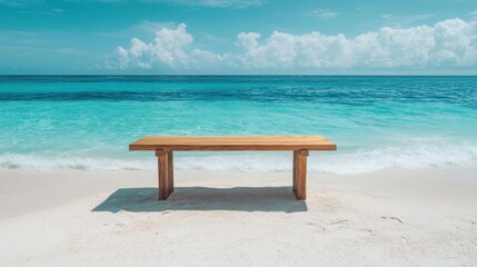 Fototapeta premium Minimal wooden table on beach, crystal-clear ocean and soft waves, bright tropical background