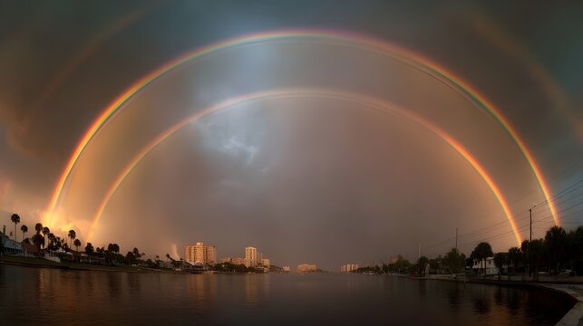 Rare quadruple rainbow phenomenon occurring in stormy sky captivates nature photography enthusiasts seeking atmospheric spectacles