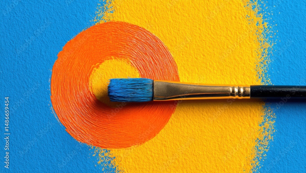 Poster a vibrant close-up shot reveals a paintbrush resting on a canvas, featuring concentric circles of or