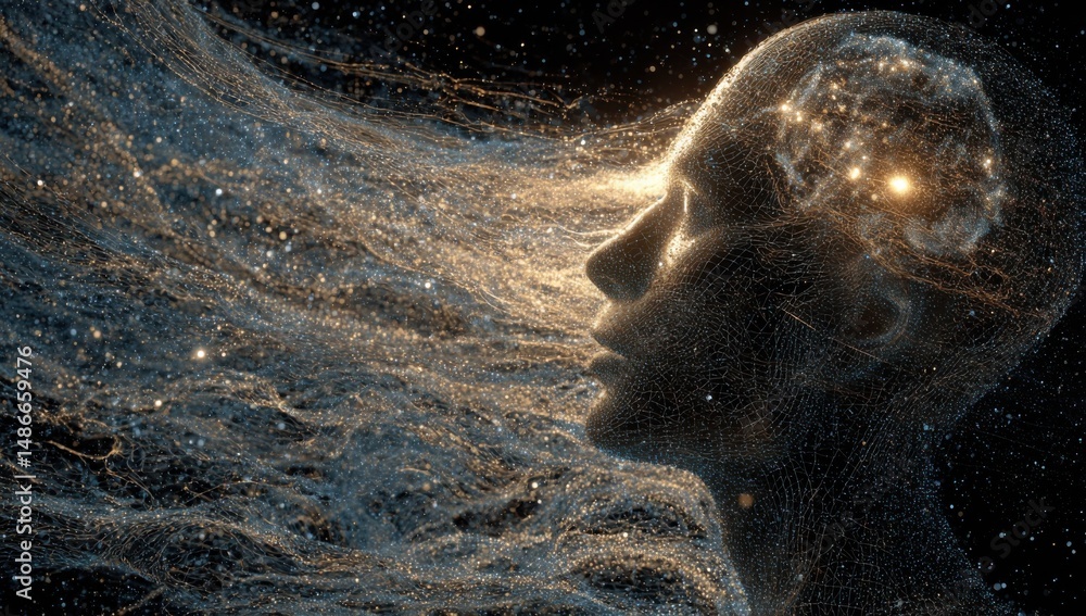 Poster a human head with a glowing brain, floating in space surrounded by stars and galaxies : generative a