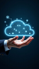 Fototapeta premium A hand presenting a glowing cloud with technology icons floating around. The image symbolizes cloud computing and data storage
