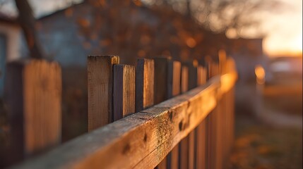 Fence with warm golden hued sunset backdrop evokes nostalgic ambiance serene countryside twilight charm