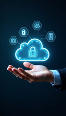 A hand gently cradles a glowing cloud icon, symbolizing data security and protection. The cloud is secured by a lock, highlighting the importance of cybersecurity.  