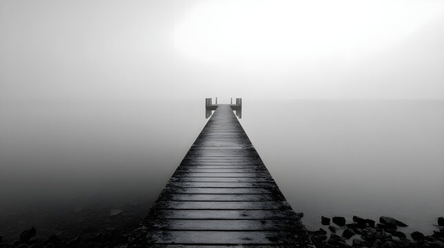 Discover Minimalist Jetty Emerging Through Dense Fog Against Monochromatic Seascapes For Atmospheric Serene Photographic Visuals