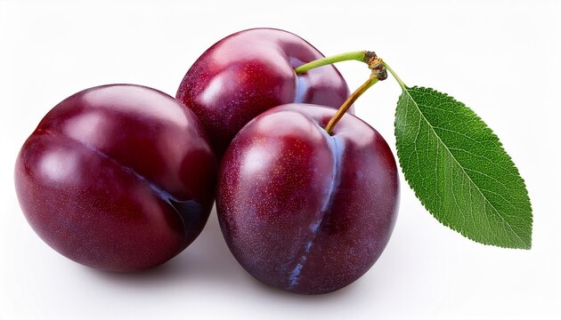 three plums with leaves on white background