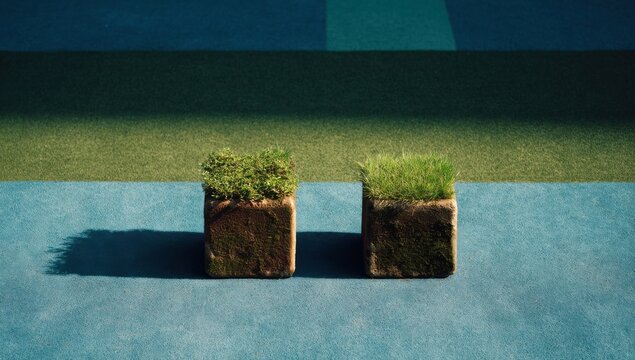 Two moss-covered concrete cubes, each containing a small patch of vibrant green grass and thyme, sit on a blue surface against a backdrop of green and blue artificial turf. : Generative AI