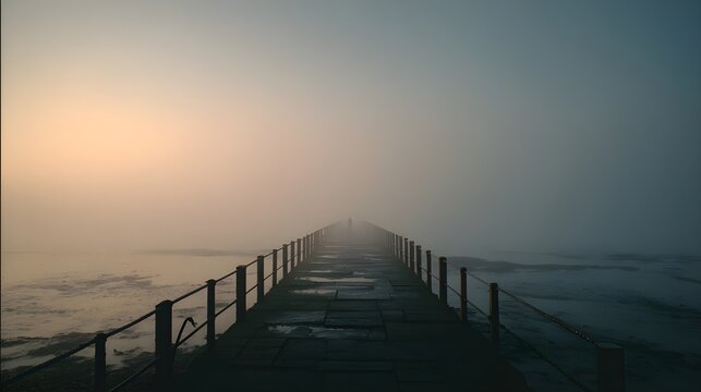 Misty jetty scene surrounded by soft morning light evokes tranquility and ethereal vibes over calm waters