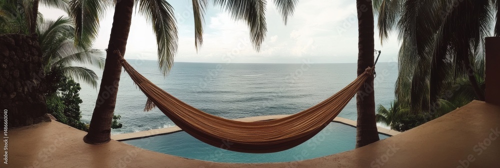 Poster relaxing hammock suspended between palm trees with an ocean view on a tranquil summer day in a tropi