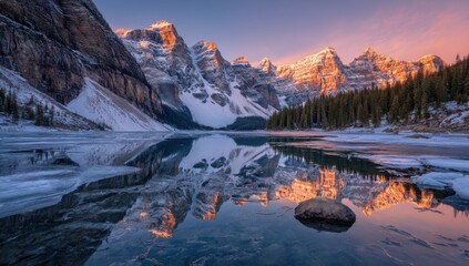 Obraz premium Sunrise illuminates snow-capped mountains reflected in a partially frozen lake, creating a breathtaking winter landscape. : Generative AI