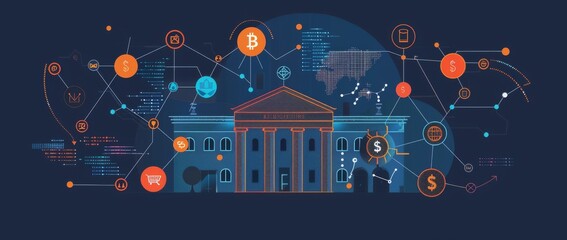 Obraz premium Fintech illustration featuring connected icons representing financial technology services, innovative banking solutions, digital transactions, and mobile payment systems 