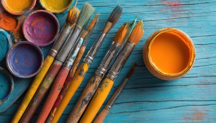 Obraz premium A collection of paintbrushes and paint pots rest on a rustic blue wooden surface, showcasing vibrant colors and textures ideal for artistic projects. : Generative AI