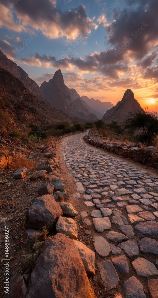 Aufkleber a cobblestone path winds through a majestic mountain range at sunset, casting a warm golden light on