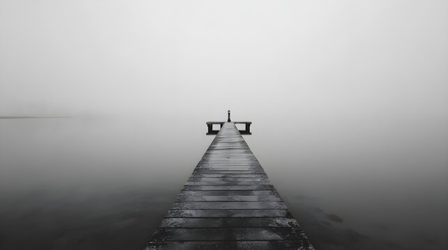 Minimalist jetty in the fog presents solitary silhouette inviting contemplative viewers embracing serene coastal landscapes