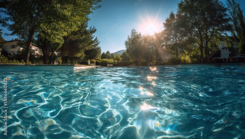 Aufkleber Sunlit Pool Water Surface with Glistening Reflections and Lush Green Trees in Background : Generative AI