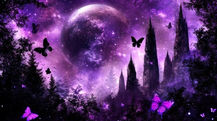 A  magical, purple night scene with a large moon and tall structures.