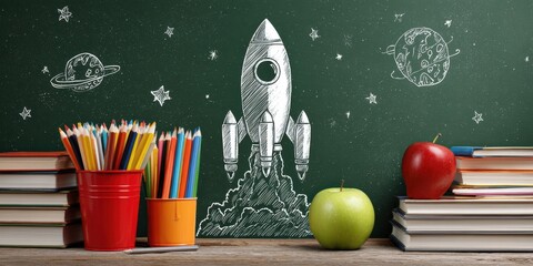 Back to school concept with a rocket launching on a chalkboard, surrounded by books and colored pencils, symbolizing education and ambition. : Generative AI