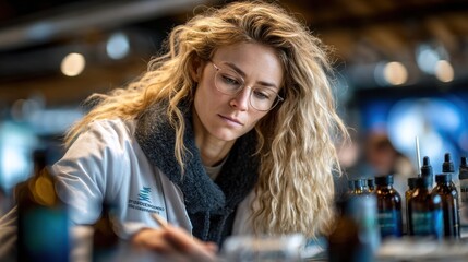 Focused Female Scientist in Lab Coat Examining Samples
