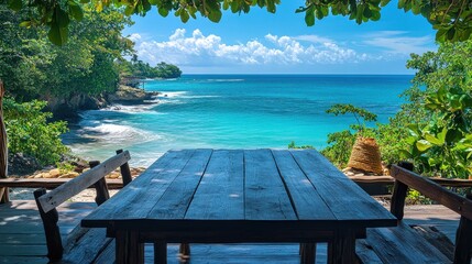 Rustic wooden table with a view of tropical beach and blue ocean, no decorations or objects on the table 
