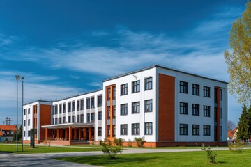 Modern school building with brick and white facade, spacious lawn, and clear blue sky.  The architecture is contemporary, featuring large windows and a clean design. : Generative AI