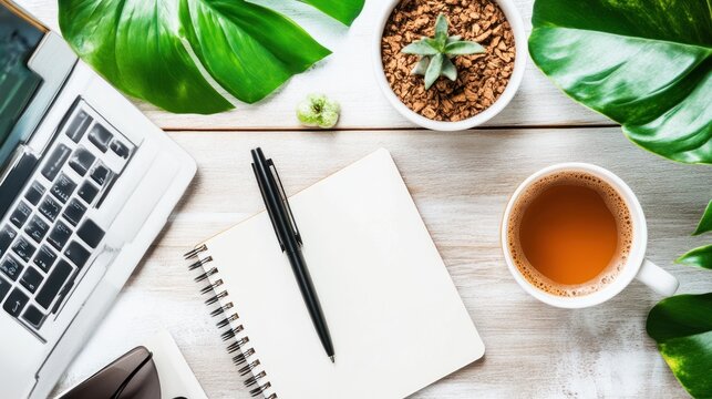 Modern workspace setup laptop notebook and plants on a desk