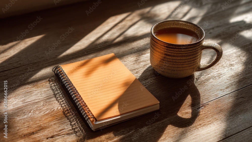 Aufkleber a spiral notebook rests beside a mug of tea on a rustic wooden table, bathed in warm sunlight stream