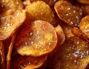 A close-up shot reveals a pile of crispy potato chips, generously seasoned with sea salt. The golden-brown chips are stacked, showcasing their texture and deliciousness. : Generative AI