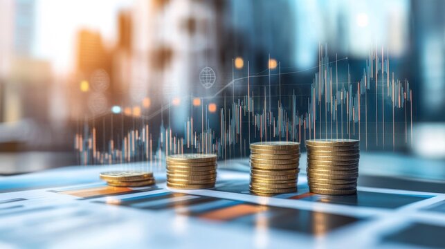 Financial growth concept rising stacks of coins with growth chart overlay