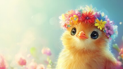 Fluffy chick with a multi-colored flower crown, soft gradient background generative ai