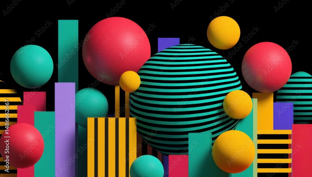 Poster Abstract 3D composition featuring vibrant spheres and geometric columns in a dynamic arrangement against a black background.  The scene showcases a playful mix of colors and shapes. : Generative AI