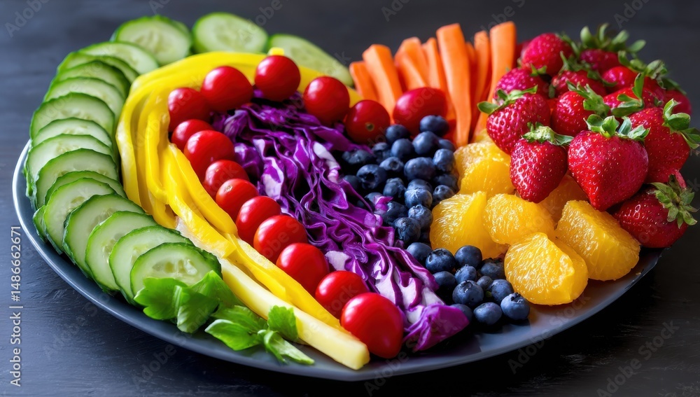 Poster a colorful plate of vegetables and fruits arranged in the shape of a rainbow, symbolizing healthy ea