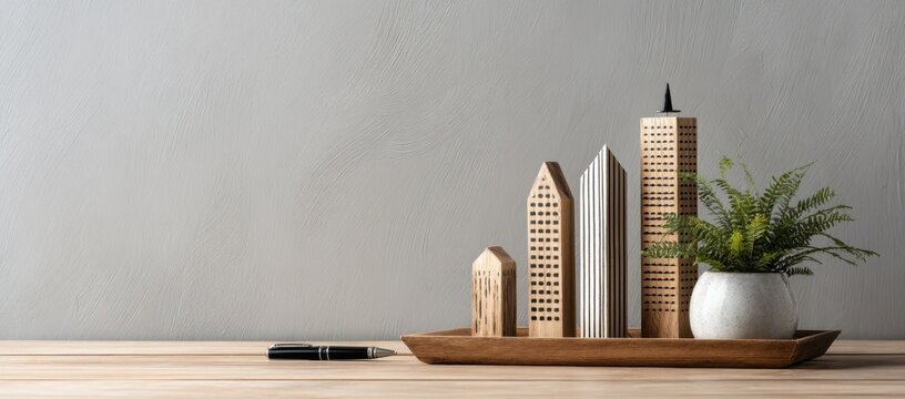 Modern wooden city skyline miniature model displayed on a wooden tray, alongside a fern in a ceramic pot and a pen on a light wood surface against a textured grey wall. : Generative AI