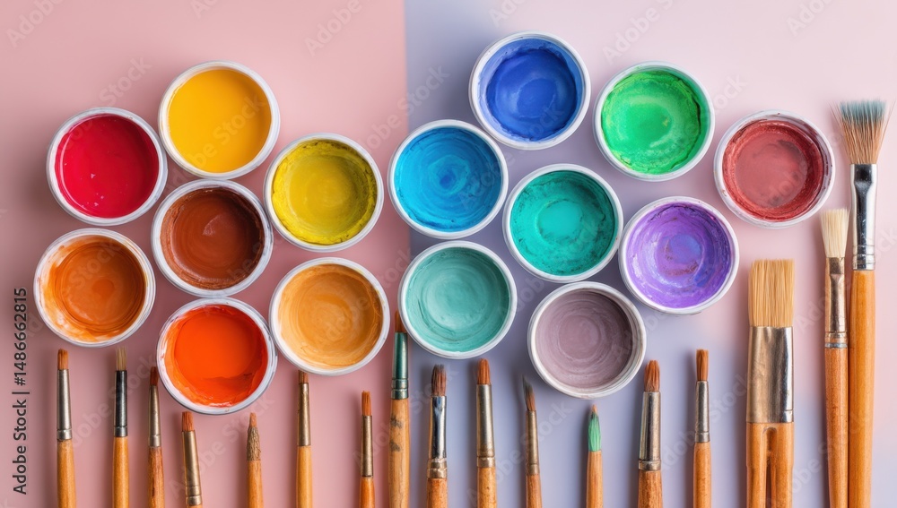 Poster a vibrant collection of paint pots in various colors, arranged in a wave-like pattern, accompanied b