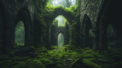 Overgrown moss covered stone arches in a ruined building interior with light.