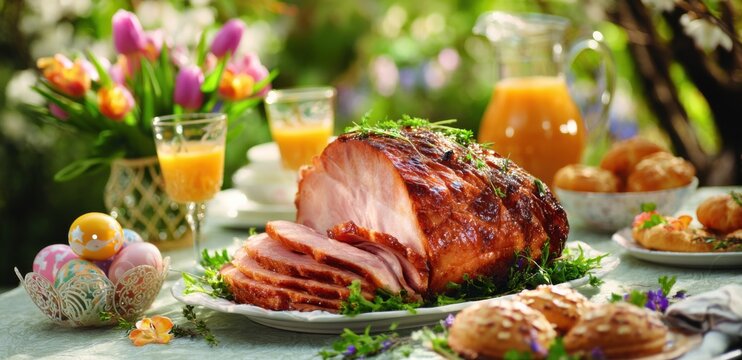 Glazed easter ham centerpiece, sliced, served with orange juice and easter eggs on a spring table setting, surrounded by flowers and pastries. : Generative AI