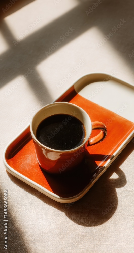 Poster a cup of dark coffee sits on a terracotta and cream colored rectangular tray, bathed in sunlight str