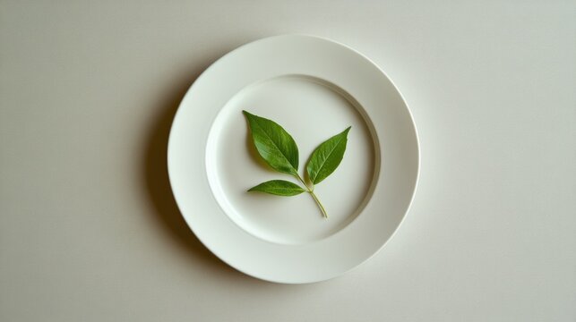 Green leaves on white plate minimalist food photography