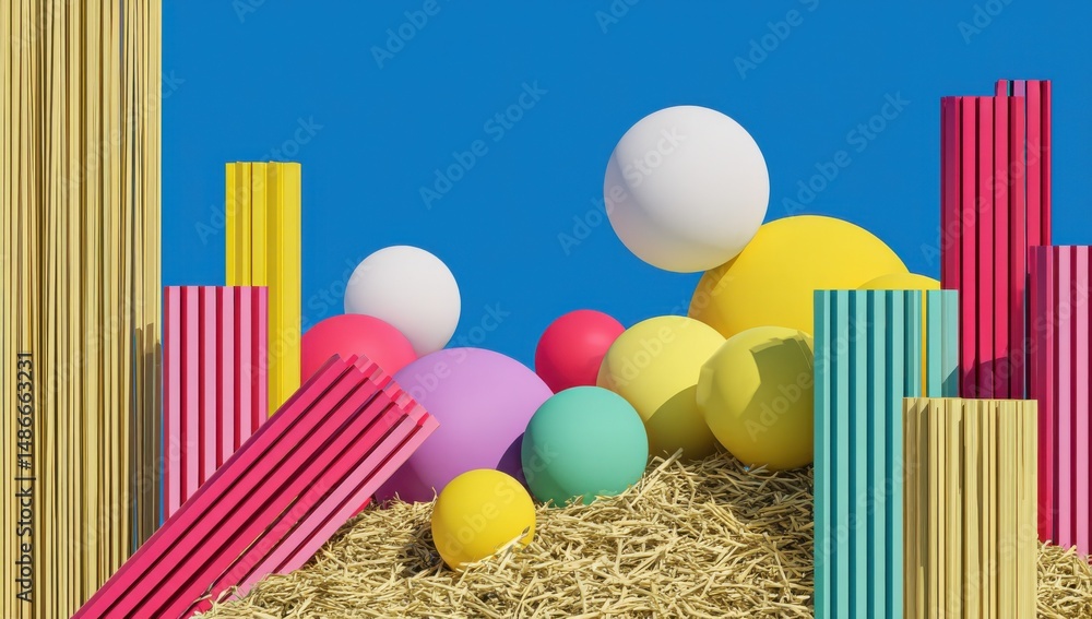 Fototapete colorful spheres and geometric shapes rest on a pile of straw against a vibrant blue sky, creating a