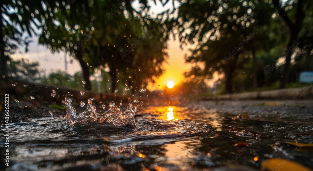 Aufkleber sunset illuminates water droplet splash in a puddle on a tree-lined road, creating a vibrant, golden