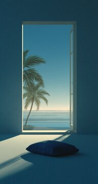 Fototapeta Serene coastal view seen through an open window, a blue cushion rests on the floor, bathed in soft sunlight, evoking tranquility and relaxation. : Generative AI