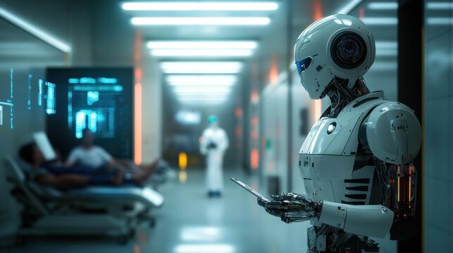 Futuristic medical robot with tablet in hospital corridor