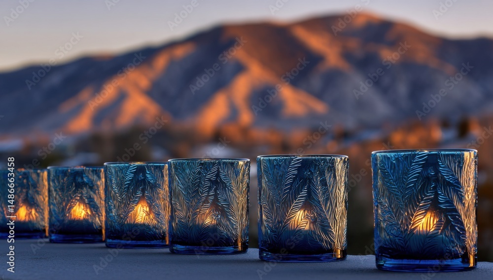 Poster five blue glass candle holders with etched leaf pattern, illuminated from within, sit on a ledge aga