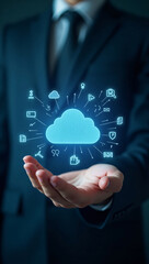 Businessman holding a glowing cloud icon symbolizing cloud computing and data network. The image conveys concepts of digital transformation, connectivity, and technological innovation.