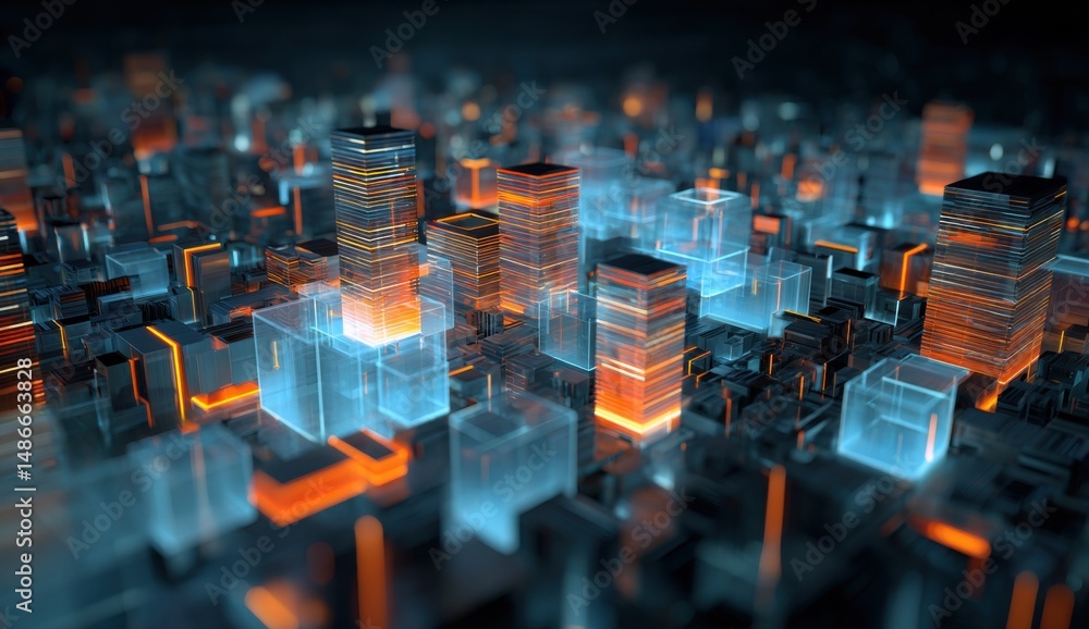 Poster digital cityscape with glowing blue and orange neon blocks, representing the next generation of smar